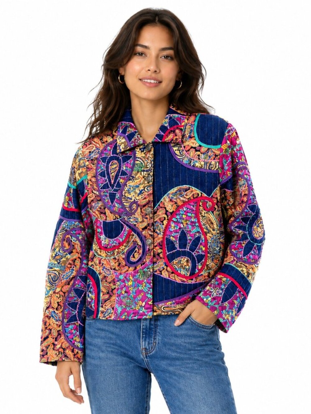 Vintage Sandy Starkman Embellished Patchwork Cotton Denim Jacket